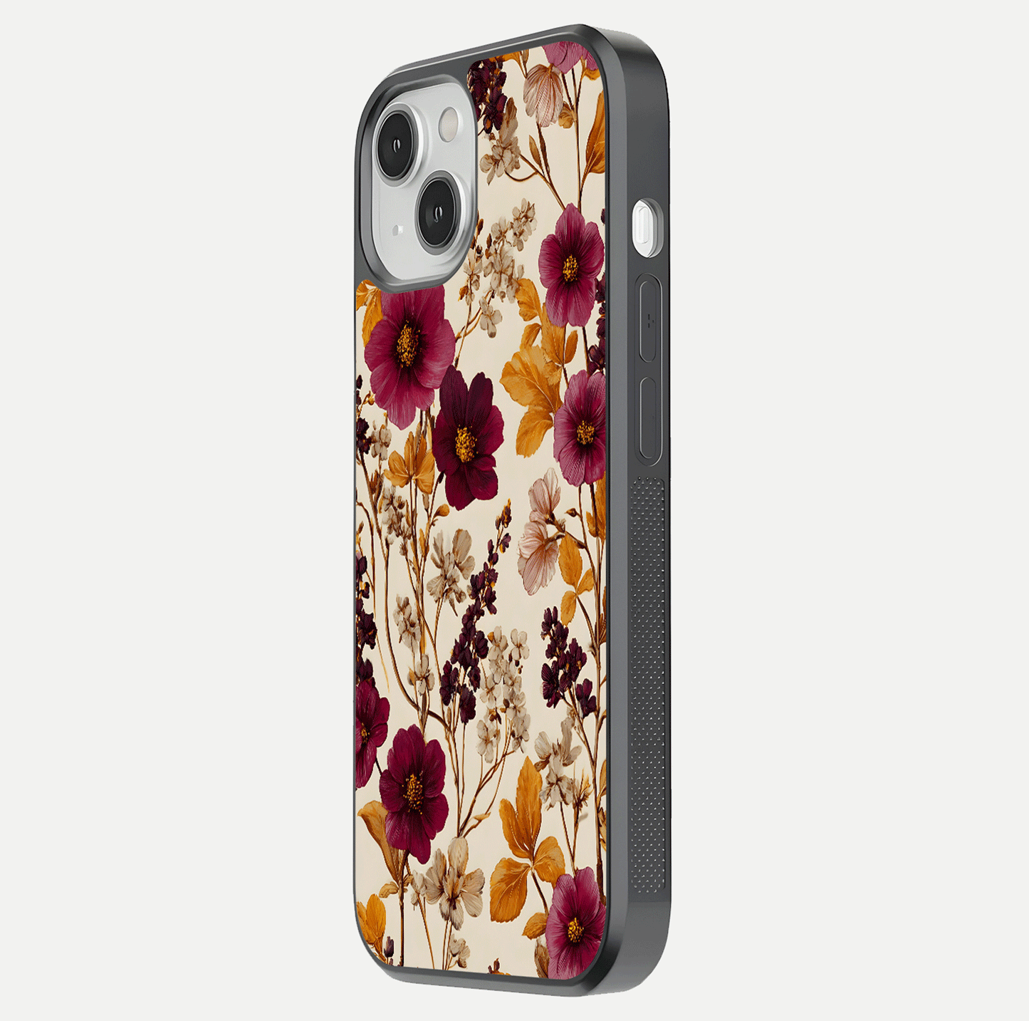Autumn Wine Bloom Glass Case for iPhone 16 Pro side-angle showcasing floral design, texture gloss, and camera frame