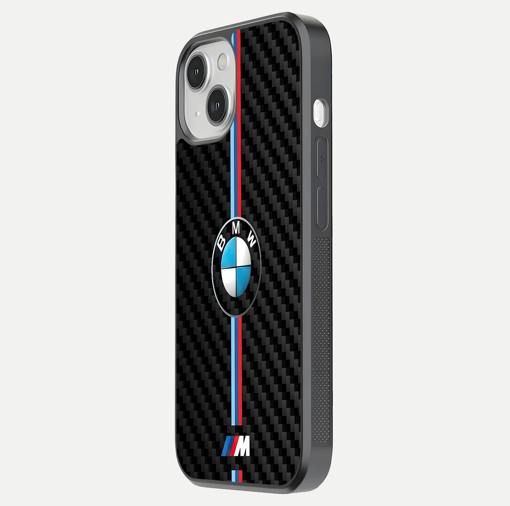 BMW Pattern Glass Case for iPhone 13 Mini side-angle image showing edge finish and luxury car-inspired shine