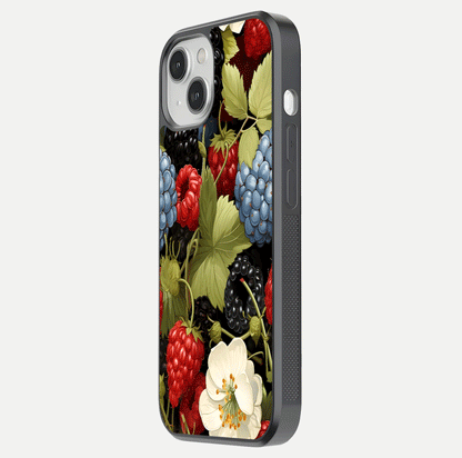 Berry Bloom Charm Glass Case for iPhone 16 Pro side-angle image showing floral texture and high-definition print gloss