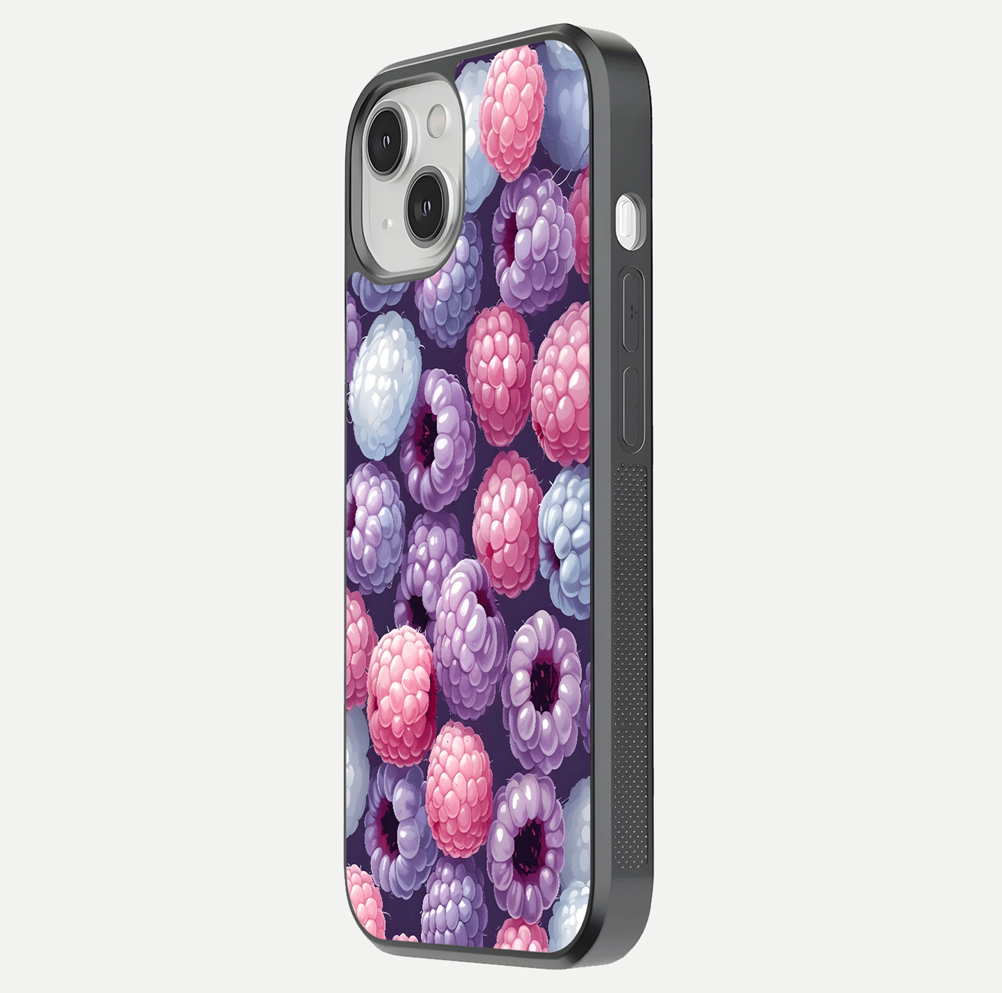 Berry Candy Pop Glass Case for iPhone 13 Mini side-angle image with bright color tones and smooth reflection