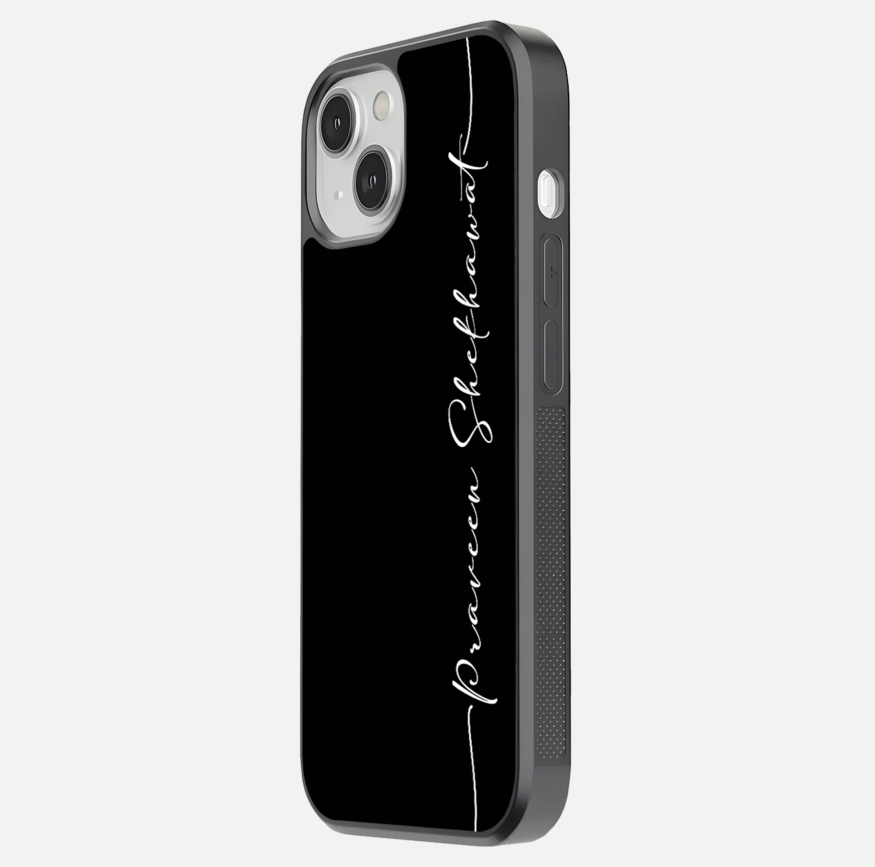 Black Tune Custom Name Glass Case for iPhone 13 Mini side-angle photo showing mirror-like surface and slim profile