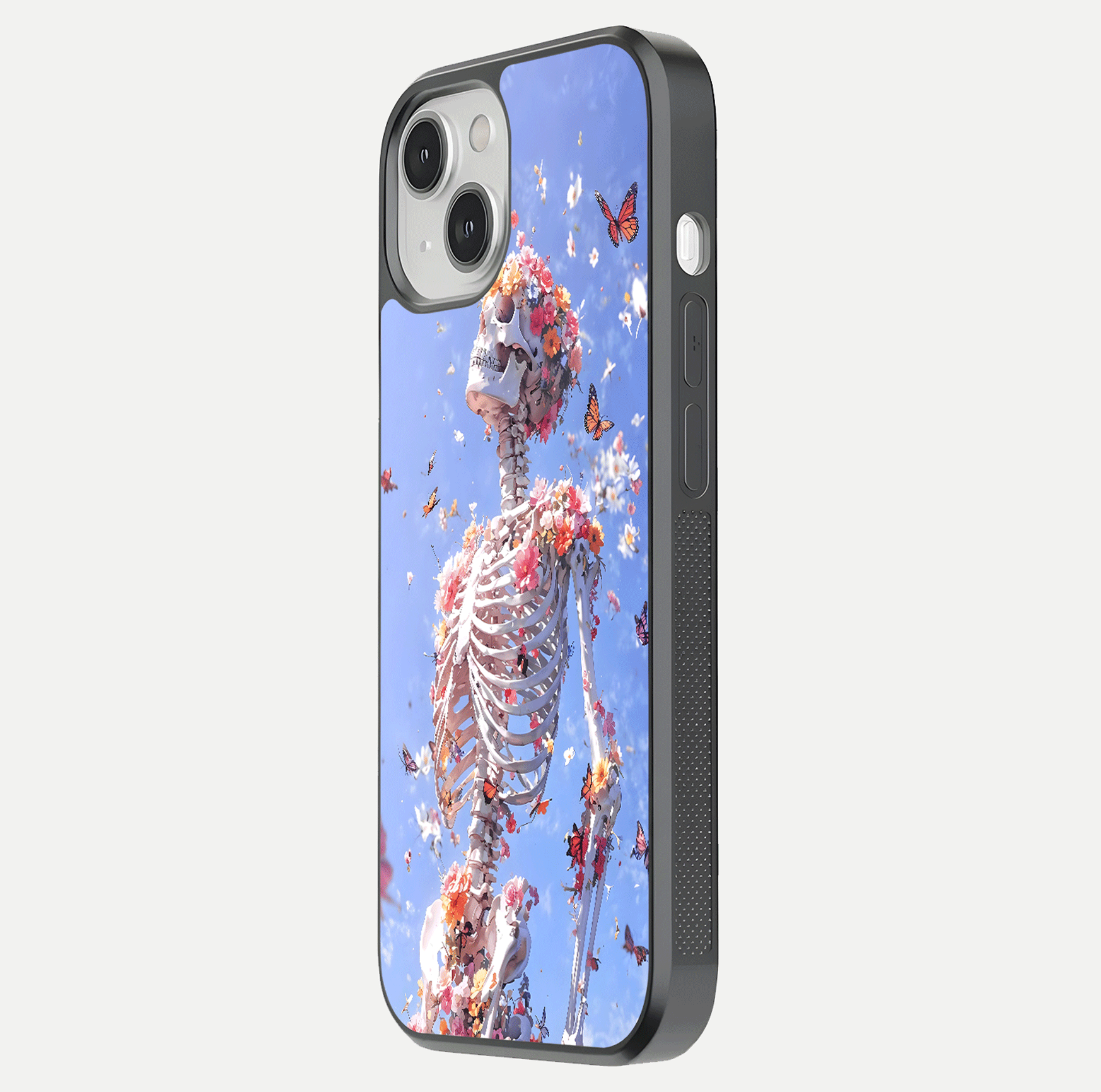 Bloom Beyond Bones Glass Case for iPhone 16 Pro side-angle image highlighting print precision and gloss finish