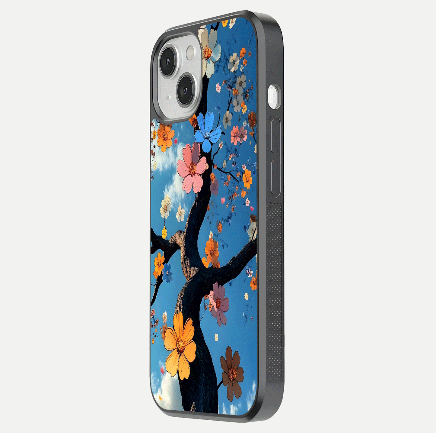 Blossom Dream Sky Glass Case for iPhone 13 Mini side-angle photo showing flower details, edge curve, and reflection shine