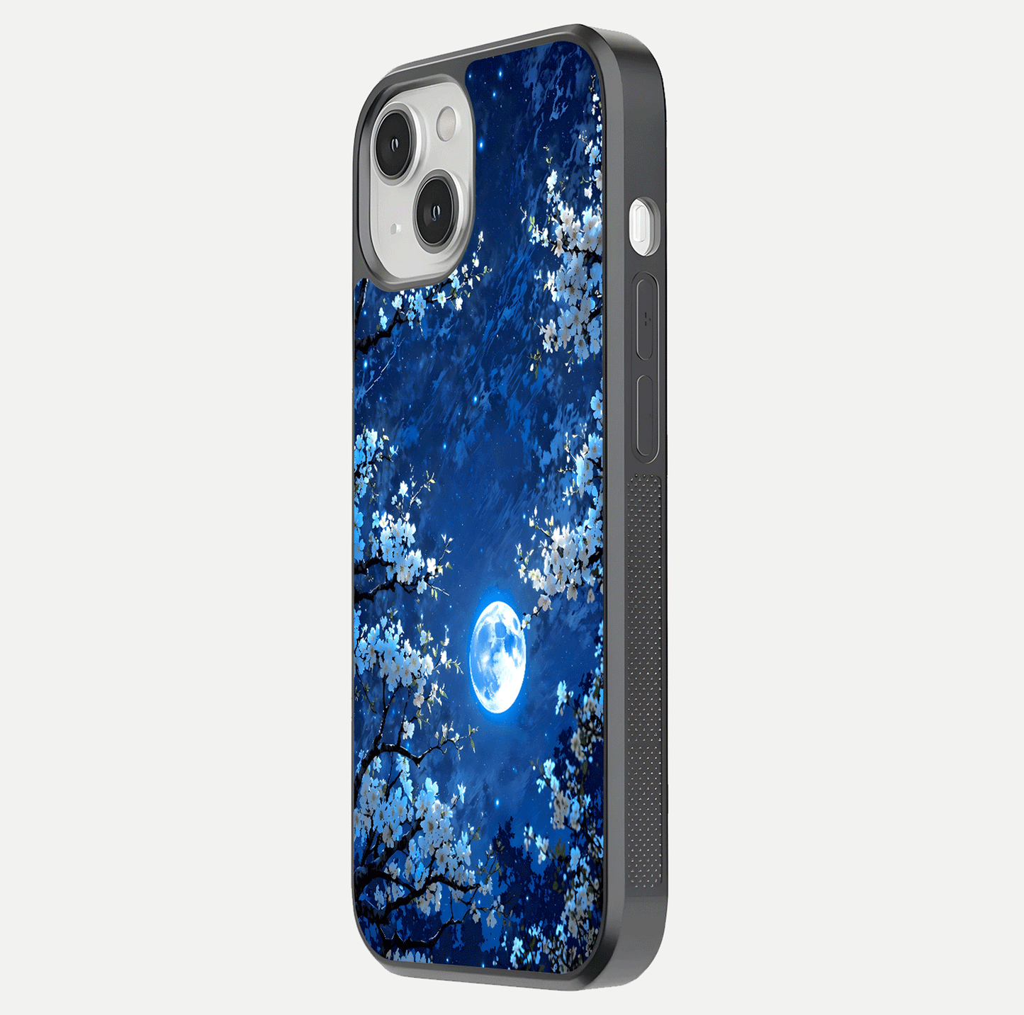 Blossom Moonlight Sky Glass Case for iPhone 13 Mini side-angle view emphasizing moonlight tones and protective edge
