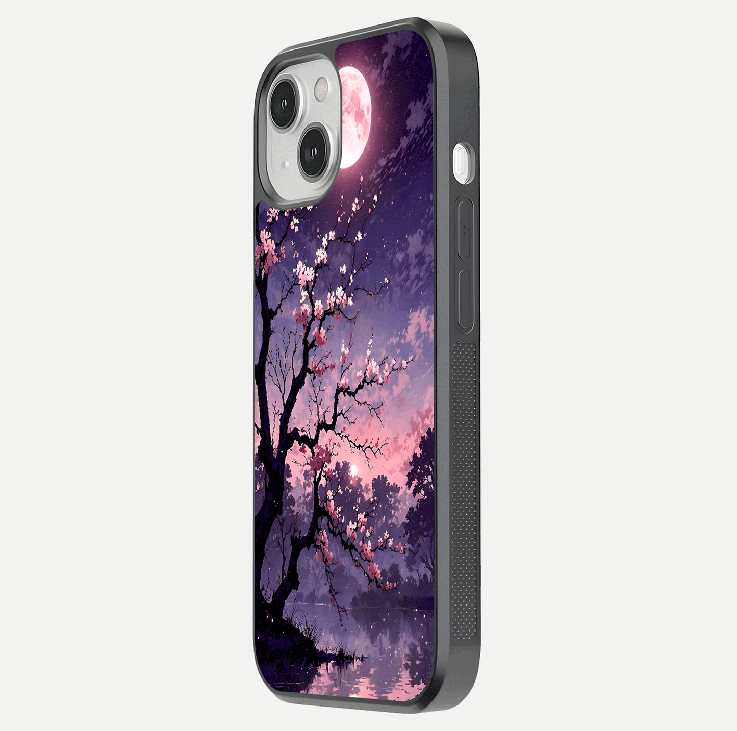 Blossom Pink Moon Glass Case for iPhone 13 Mini side-angle image showing glossy curve and floral-moon balance