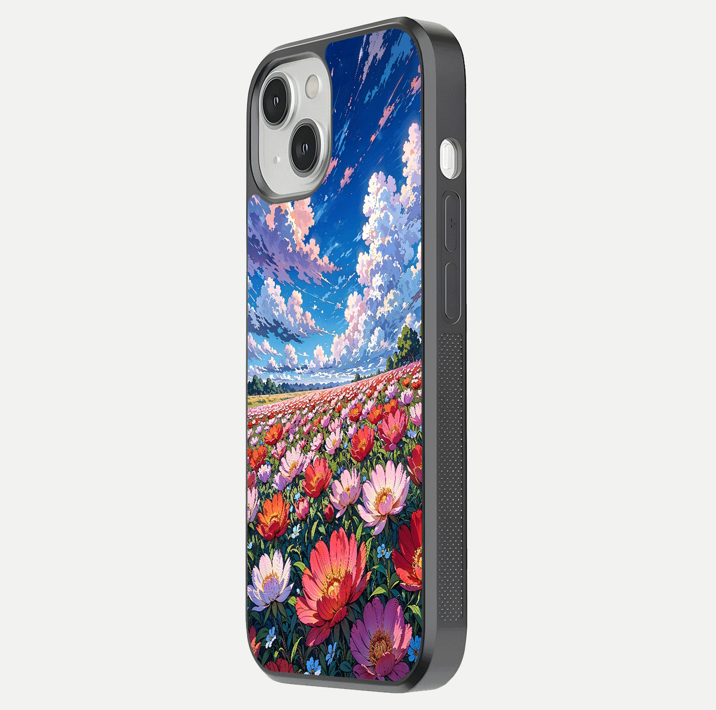 Blossom Sky Field Glass Case for iPhone 13 Mini side-angle showing sky hues, blossom texture, and reflective shine