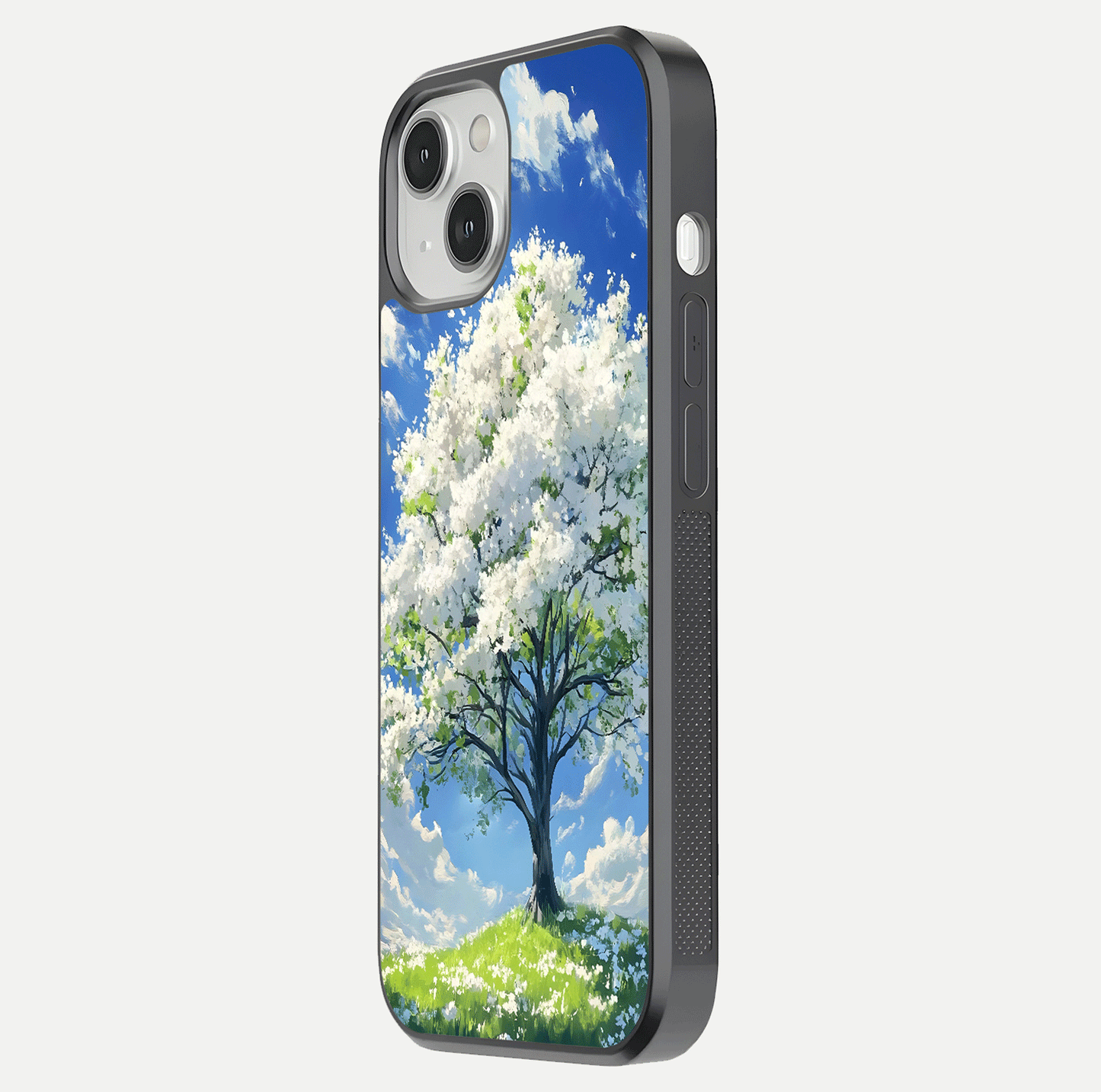 Blossom Sky Serenity Glass Case for iPhone 13 Mini side-angle image showing elegant edge flow and light reflection
