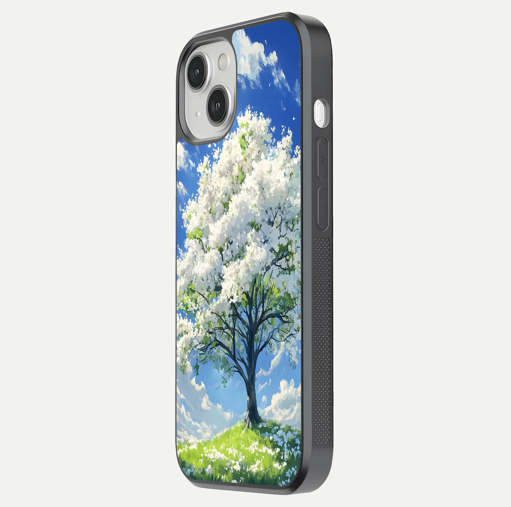 Blossom Sky Serenity Glass Case for iPhone 13 Mini side-angle image showing elegant edge flow and light reflection
