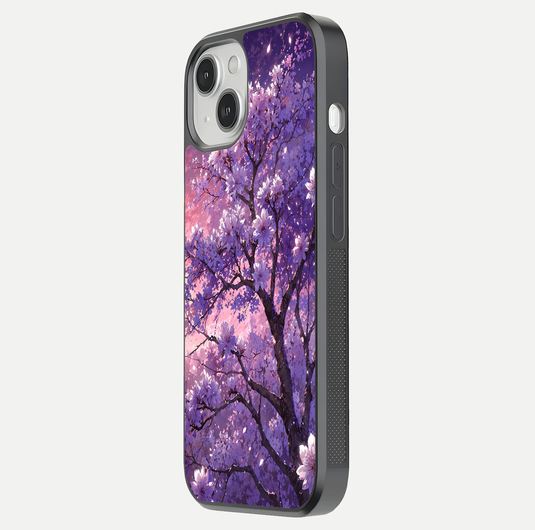 Blossom Tree Glass Case for iPhone 13 Mini side-angle image showing floral tree artwork and reflection gloss