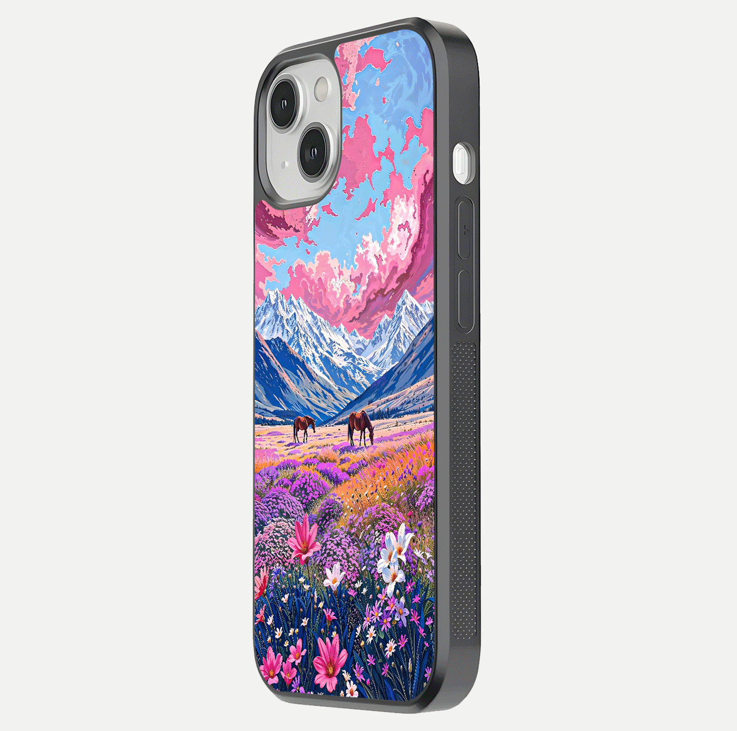Blossom Valley Dream Glass Case for iPhone 13 Mini side-angle shot showcasing bloom tones and gloss texture
