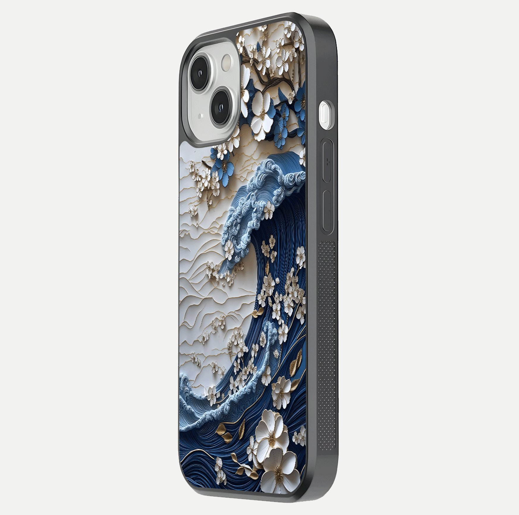 Blossom Wave Art Glass Case for iPhone 13 Mini side-angle view showing wave-flow print and gloss edge finish