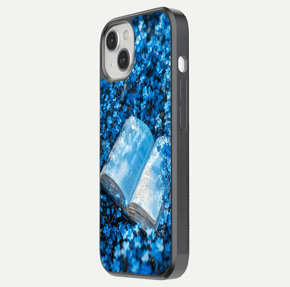 Blue Bloom Tales Glass Case for iPhone 13 Mini side-angle image showing blue floral pattern and glossy finish
