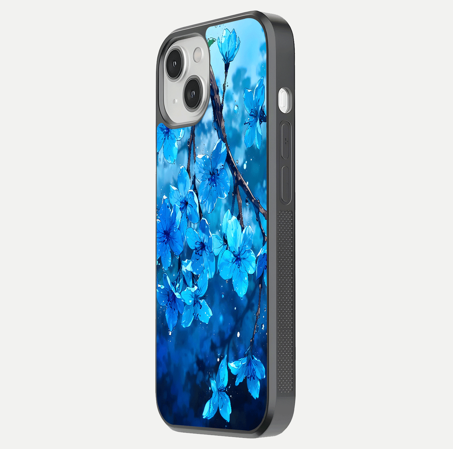 Blue Blossoms Branch Glass Case for iPhone 13 Mini side-angle image showing blossom pattern flow and glossy texture