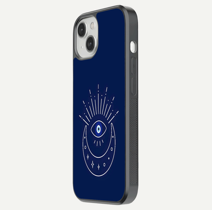 Blue Evil Eye Glass Case for iPhone 13 Mini side-angle view showing edge glow, color balance, and reflective surface