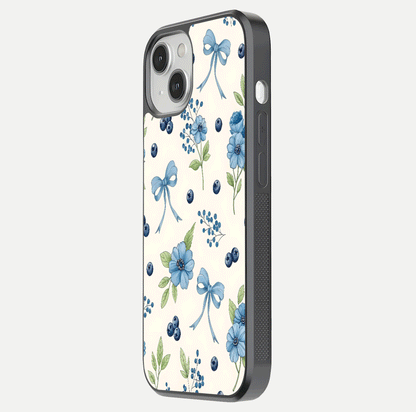 Blue Flower & Bow Glass Case for iPhone 13 Mini side-angle image showing bow-floral mix and HD finish shine