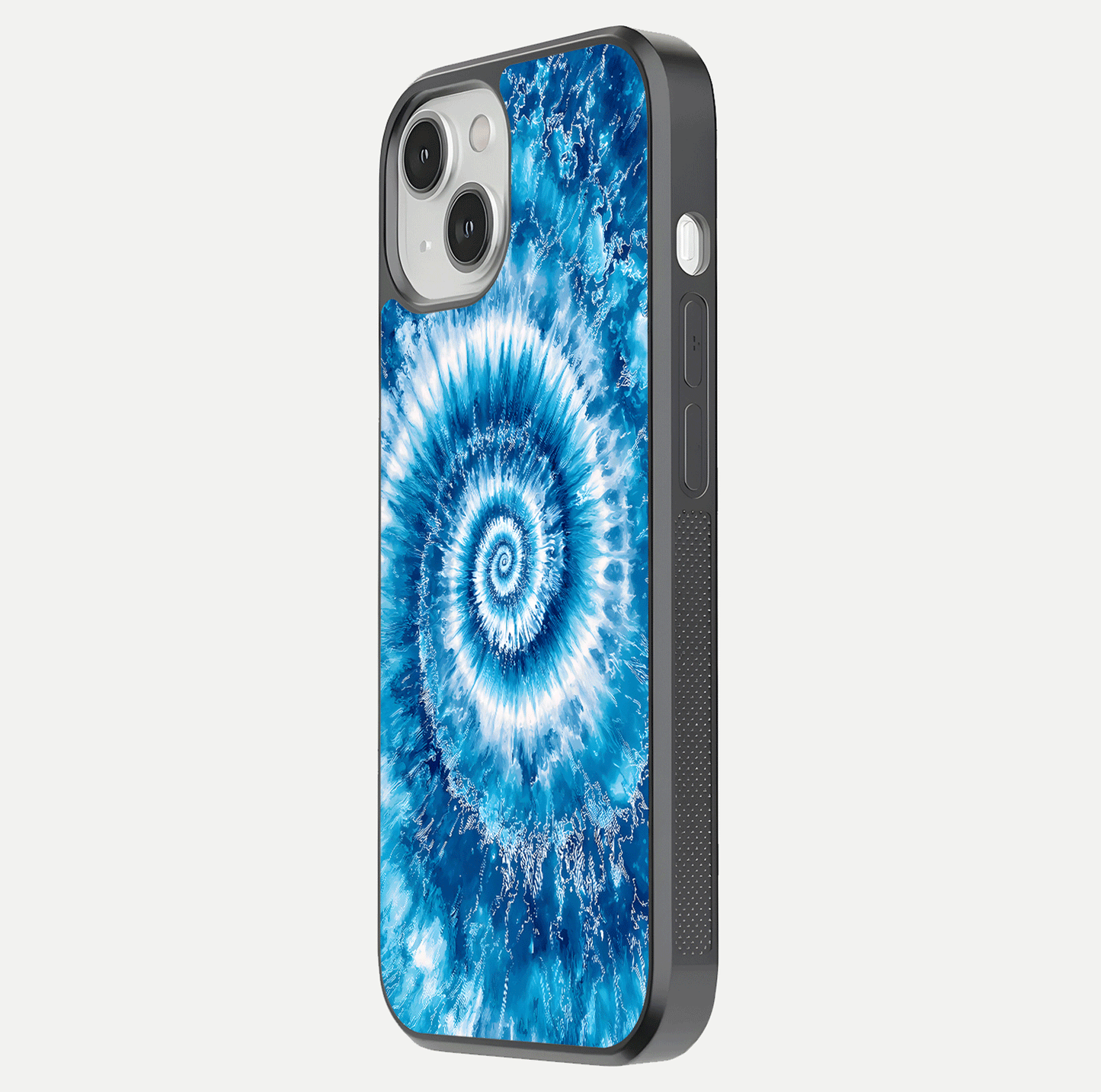 Blue Galaxy Wave Glass Case for iPhone 13 Mini side-angle image showing wave ripple art and glass gloss