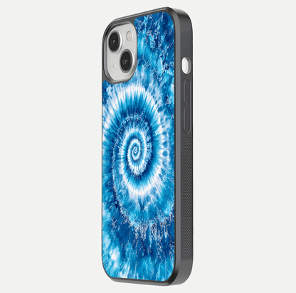 Blue Galaxy Wave Glass Case for iPhone 13 Mini side-angle image showing wave ripple art and glass gloss