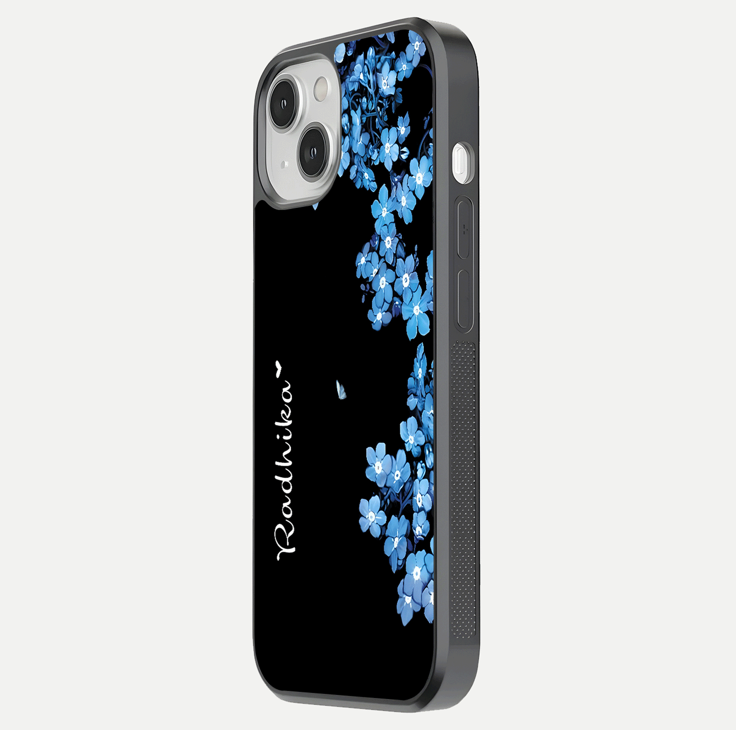 Blue Petal Dream Custom Name Glass Case for iPhone 13 Mini side-angle image showing name print clarity and smooth gloss