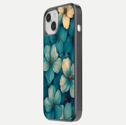 Blue Shade Floral Glass Case for iPhone 13 Mini side-angle photo showing detailed floral hues and curved glass shine