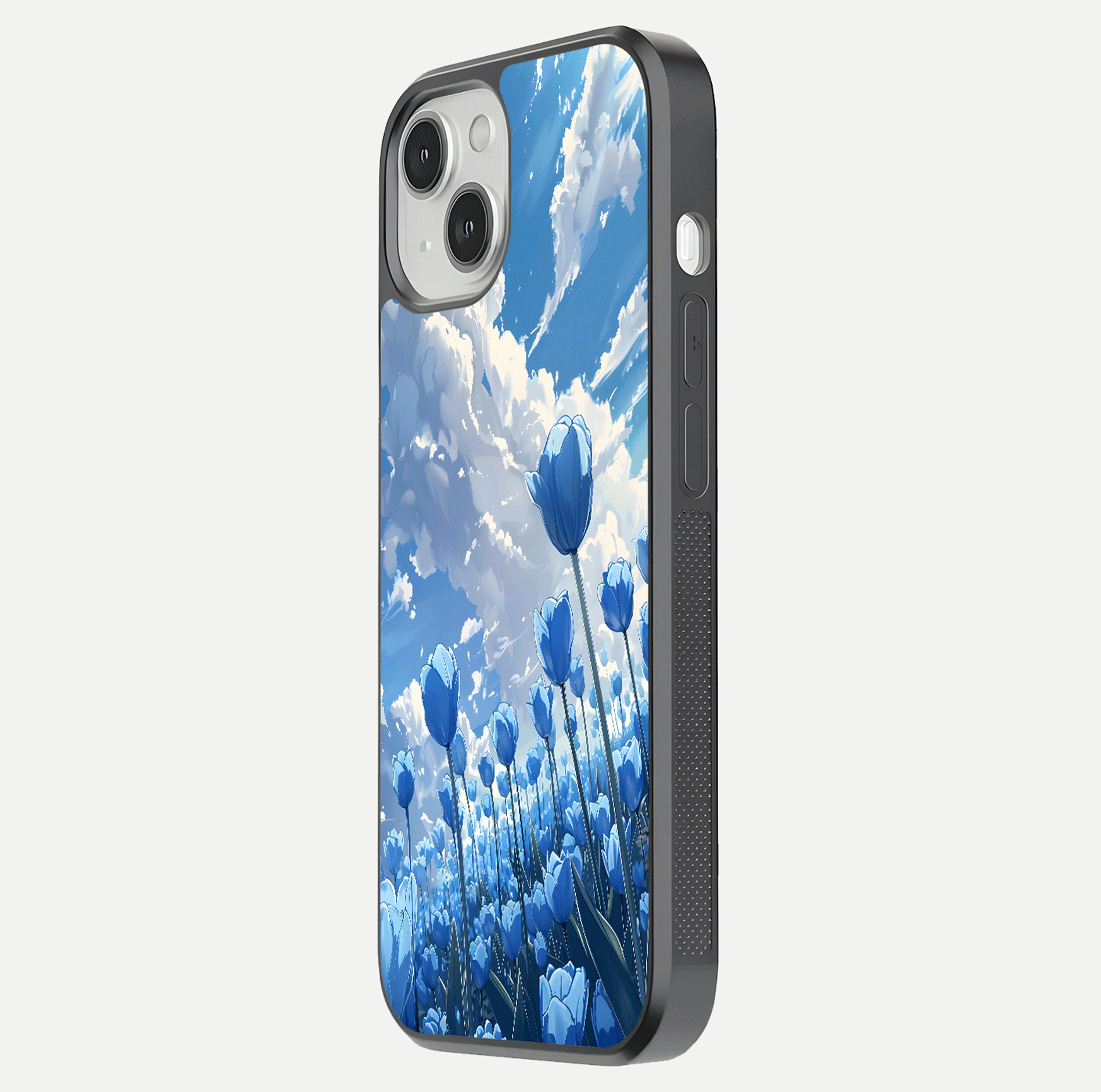 Blue Tulip Clouds Glass Case for iPhone 13 Mini side-angle image showing edge curve and flower reflection glow