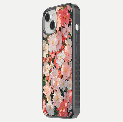Blush Bloom Field Glass Case for iPhone 13 Mini side-angle image showing petal pattern gloss and smooth edges