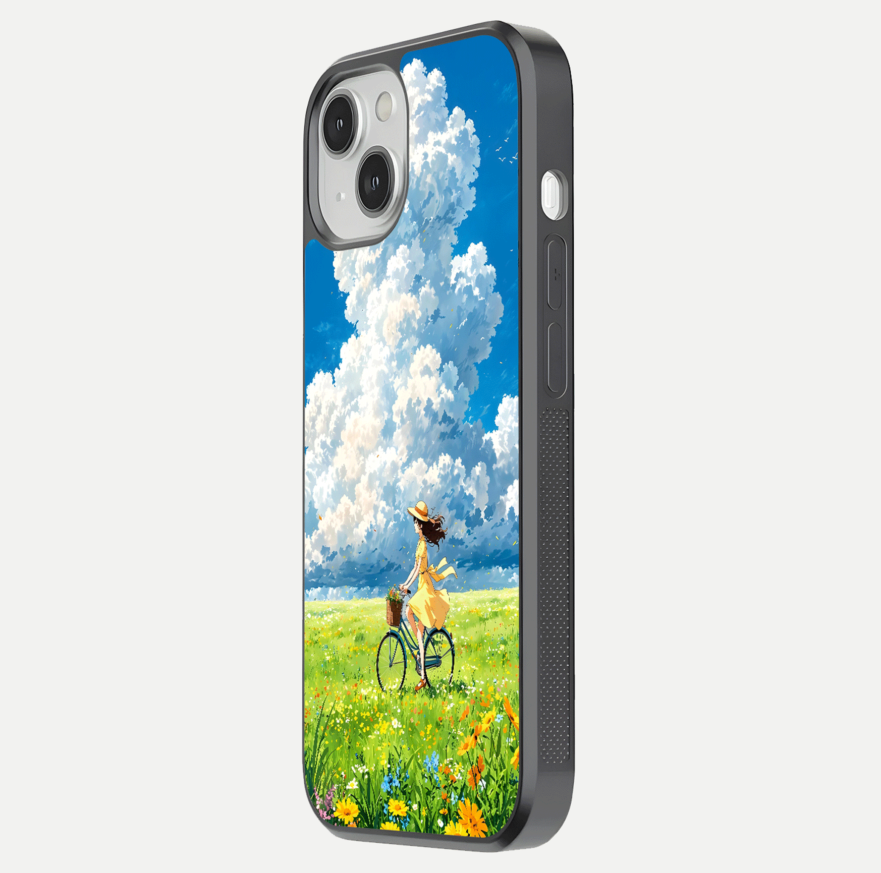 Breezy Meadow Ride Glass Case for iPhone 13 Mini side-angle image showing floral details and edge glow