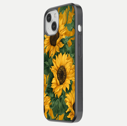 Bright Sunflower Bloom Glass Case for iPhone 13 Mini side-angle image showing shine texture and detailed bloom