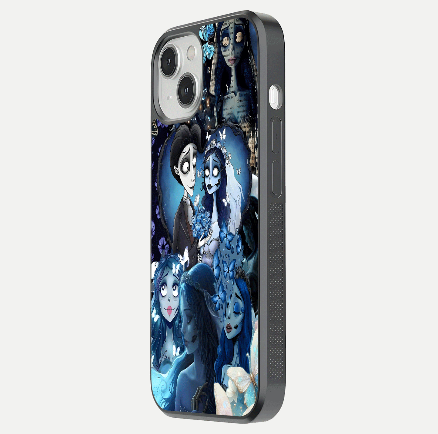 Butterfly Ghost Soul Glass Case for iPhone 13 Mini side-angle image capturing edge light and deep design tones