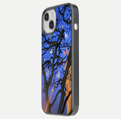 Butterfly Night Magic Glass Case for iPhone 13 Mini side-angle view capturing butterfly contrast and glossy depth