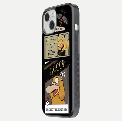 Cartoon Brand Play Mashup Glass Case for iPhone 13 Mini side-angle image showing reflection brightness and fun graphic mix