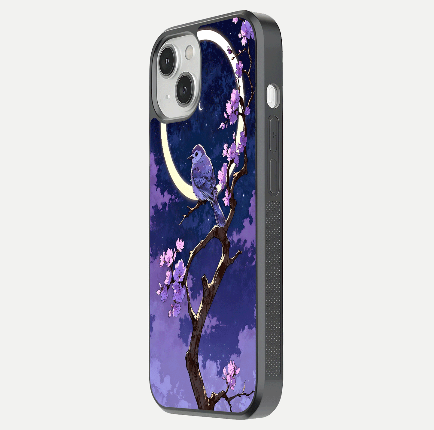 Celestial Bird Blossom Glass Case for iPhone 13 Mini side-angle image showing detailed wings and glossy polish