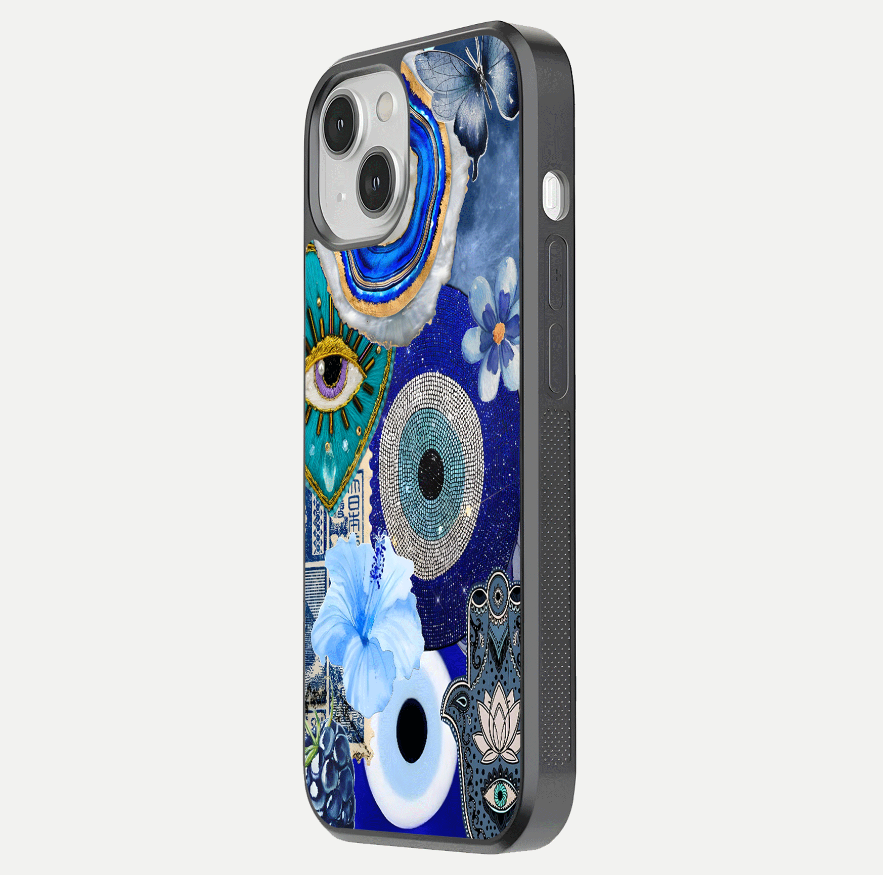 Celestial Blue Vision Glass Case for iPhone 13 Mini side-angle image capturing starlight shimmer and glass reflection