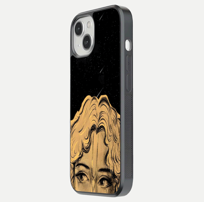 Celestial God’s Plan Glass Case for iPhone 13 Mini side-angle image showing gloss, camera frame, and cosmic tones