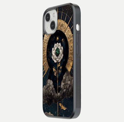 Celestial Lotus Morang Glass Case for iPhone 13 Mini side-angle image capturing shine and smooth curvature