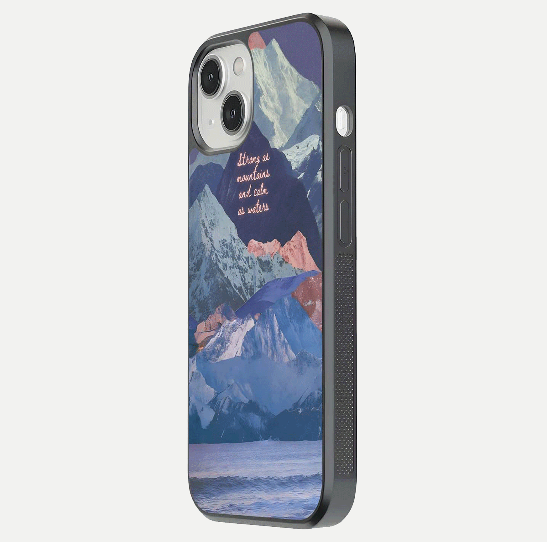 Celestial Mountain Calm Glass Case for iPhone 13 Mini side-angle image capturing mountain detail and shine gradient