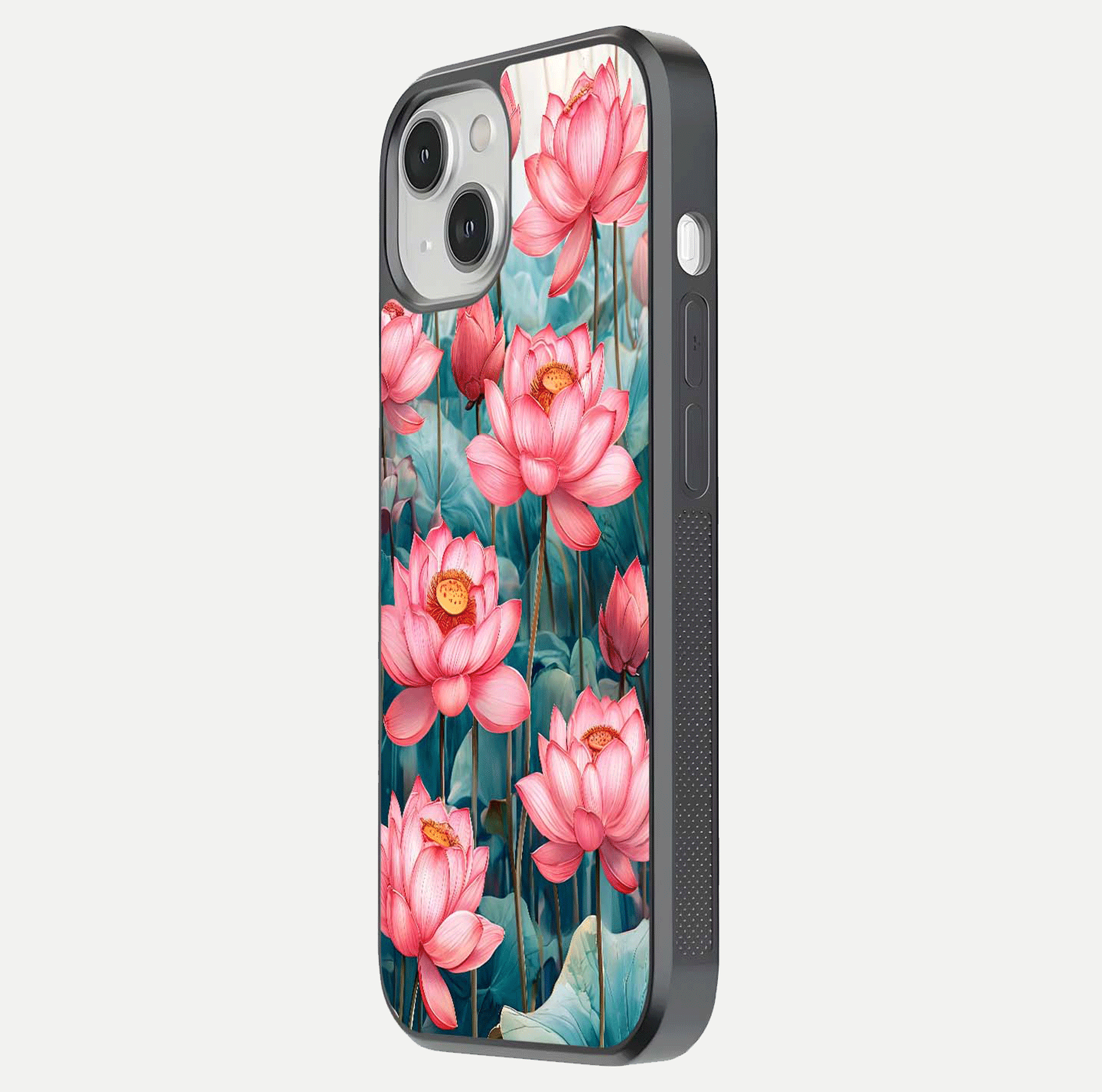 Celestial Pink Lotus Glass Case for iPhone 13 Mini side-angle image showing reflective shine and petal curve