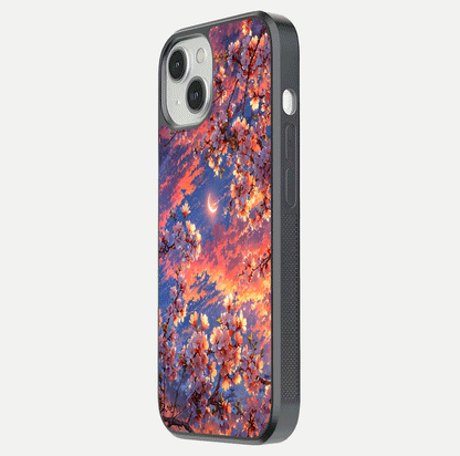 Celestial Sakura Sunset Glass Case for iPhone 13 Mini side-angle image showing edge glow and petal texture