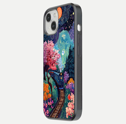Celestial Train Journey Glass Case for iPhone 13 Mini side-angle image showing polished curve and HD print detail
