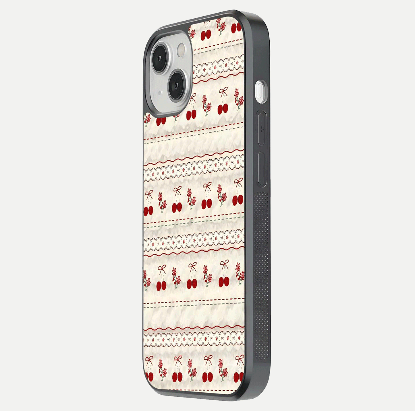 Cherry Bloom Charm Glass Case for iPhone 13 Mini side-angle photo showing flower detail and edge light