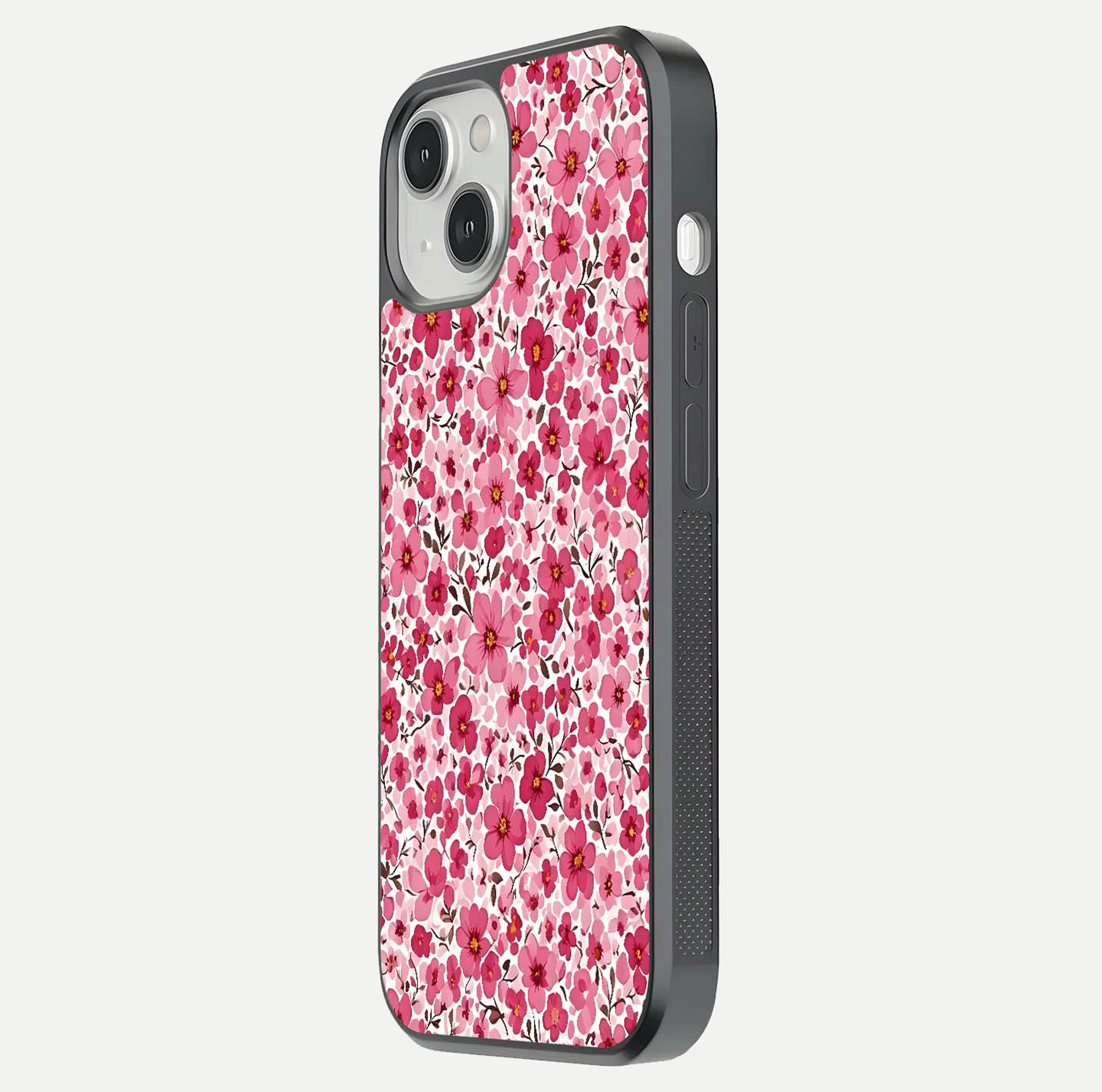 Cherry Blossom Charm Glass Case for iPhone 13 Mini side-angle image showing reflection gloss and soft texture
