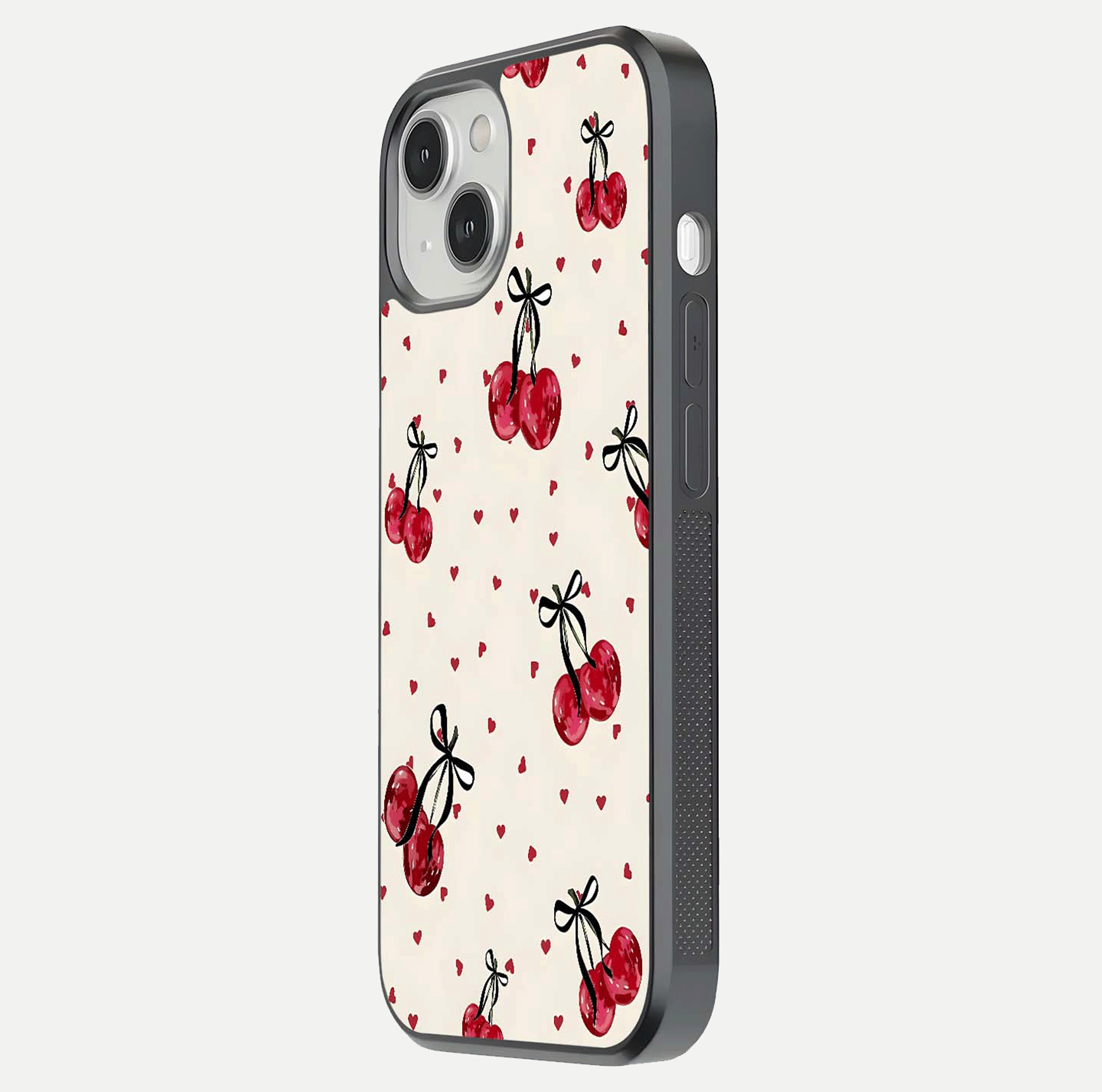 Cherry Heart Bow Glass Case for iPhone 13 Mini side-angle image capturing gloss texture and charm bow art