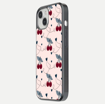 Cherry Heart Line Glass Case for iPhone 13 Mini side-angle view capturing smooth curves and shine effect