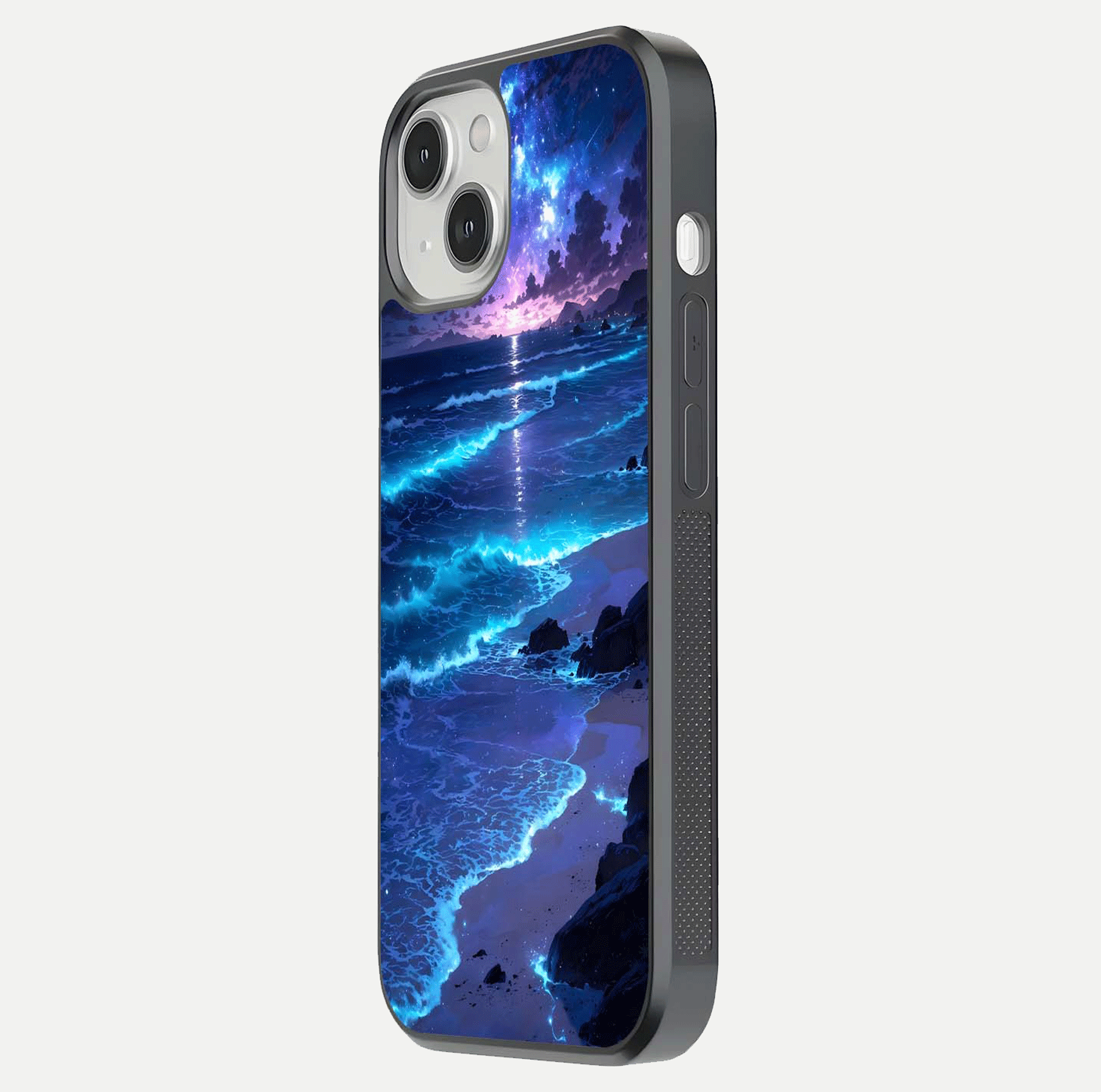 Classic Damn Look Glass Case for iPhone 13 Mini side-angle photo showing shine texture and curve reflection