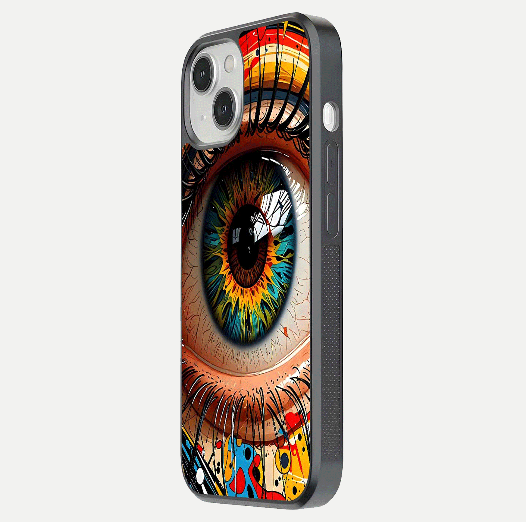 Colorful Eye Glass Case for iPhone 13 Mini side-angle photo showing reflective surface and design detail