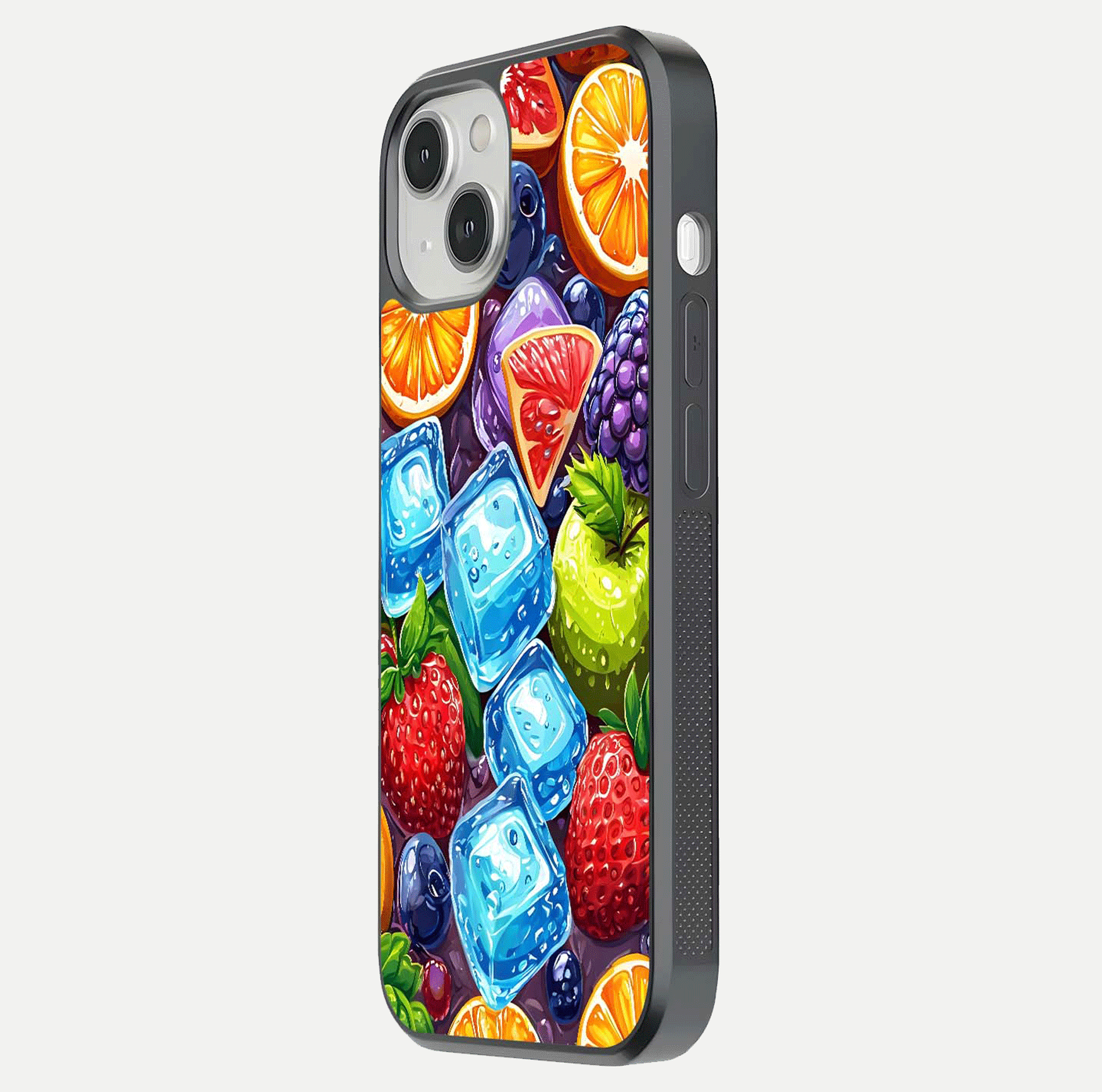 Colorful Fruits with Ice Glass Case for iPhone 13 Mini side-angle photo showing curve gloss and vivid tones