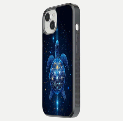 Crimson Blue Turtle Glass Case for iPhone 13 Mini side-angle photo showing curved edge and glass gloss