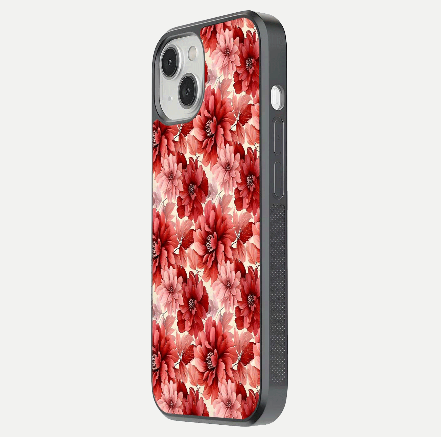 Crimson Love Petals Glass Case for iPhone 13 Mini side-angle photo showing reflection glow and edge clarity