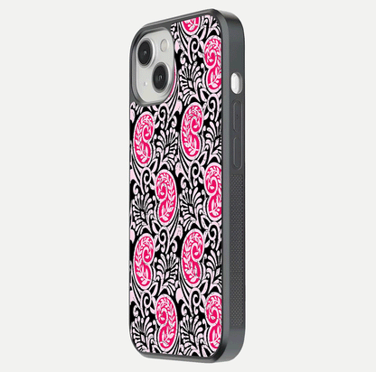 Crimson Paisley Charm Glass Case for iPhone 13 Mini side-angle image showing reflection and smooth edges