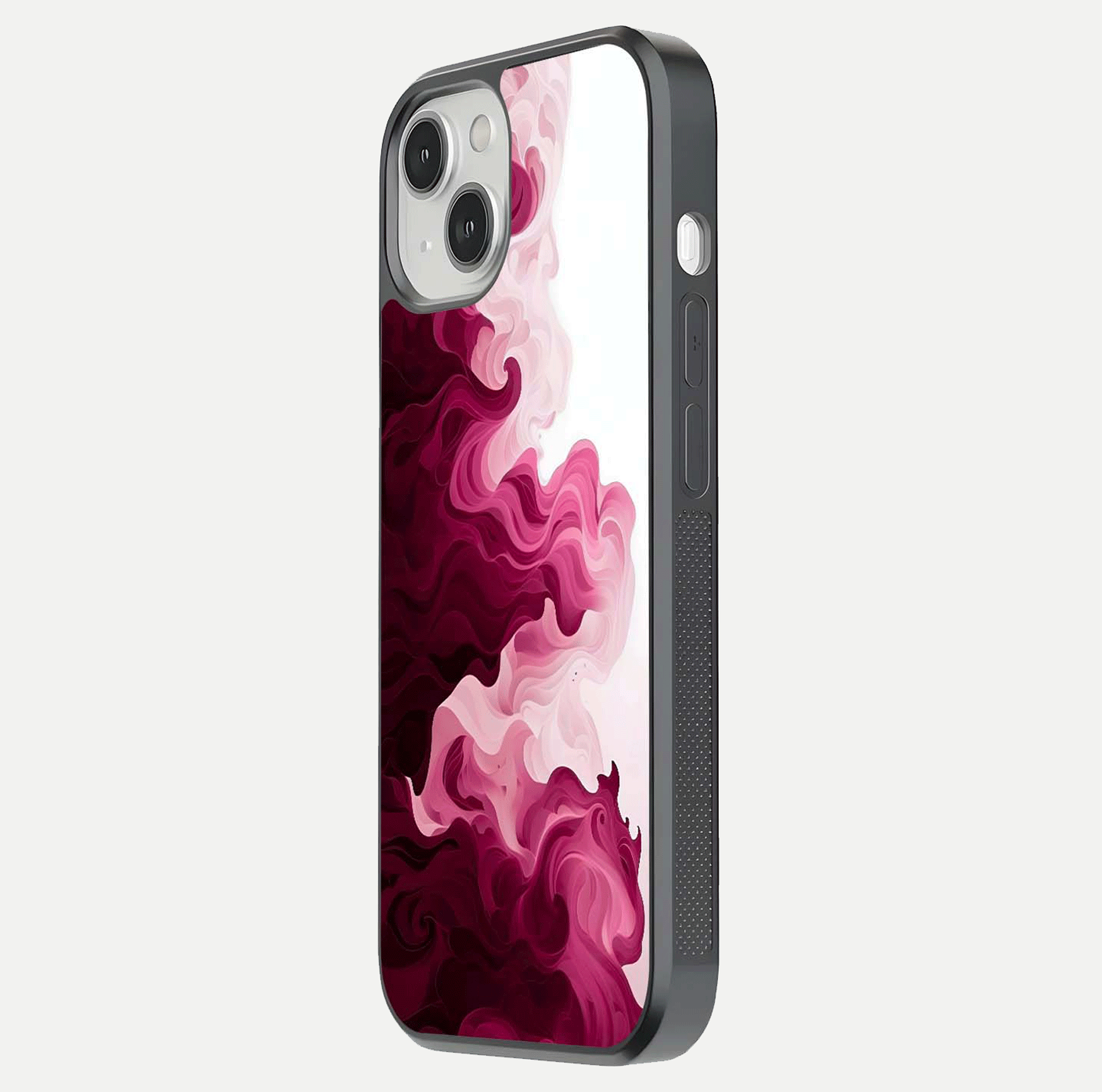 Crimson Wave Flow Glass Case for iPhone 13 Mini side-angle photo showing reflection glow and HD finish