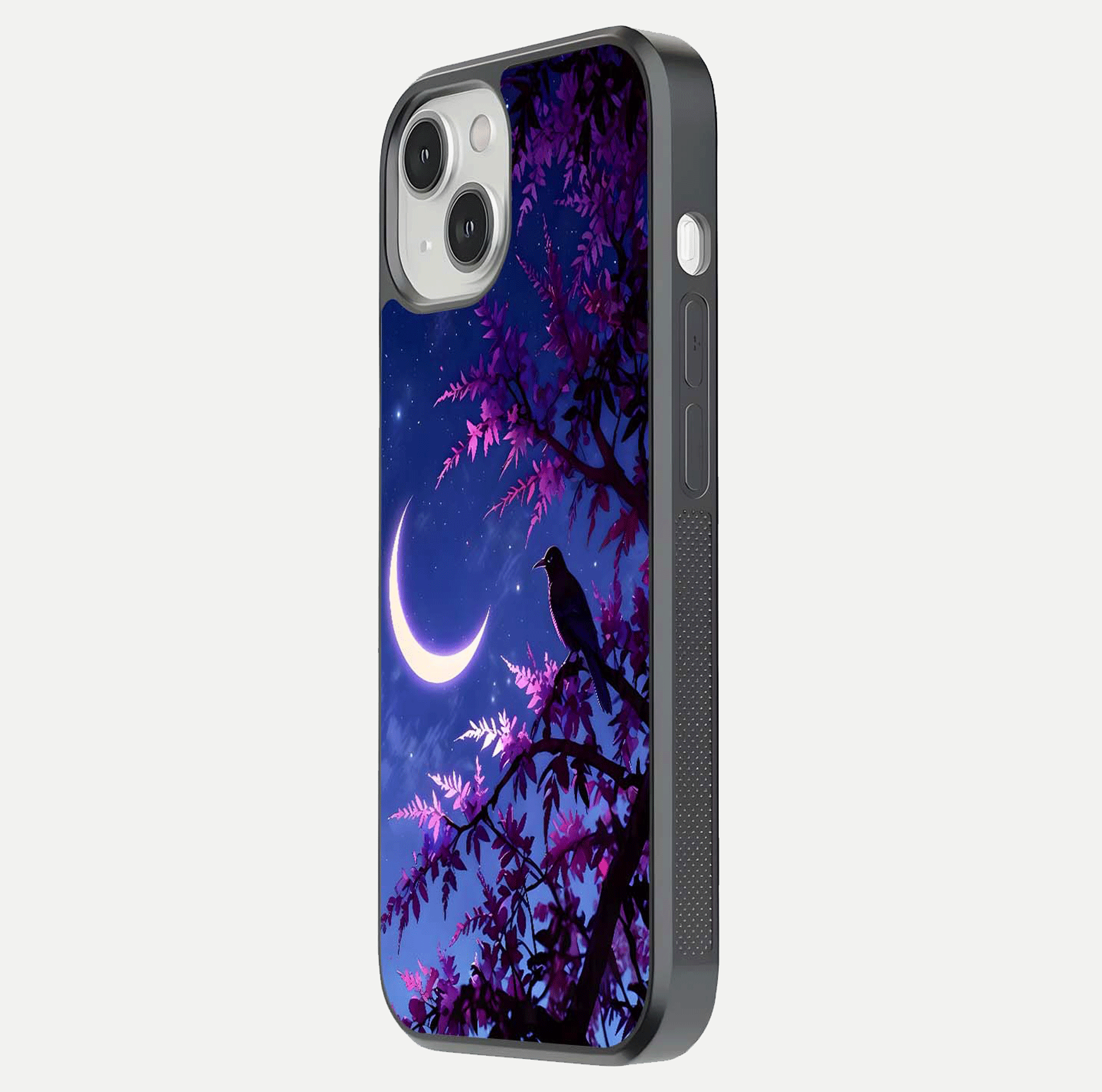 Crow & Moon Scenery Glass Case for iPhone 13 Mini side-angle photo capturing glossy shine and artistic contrast